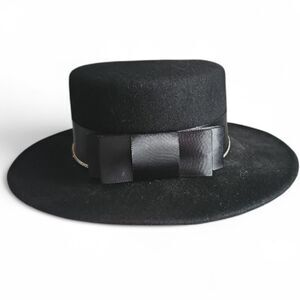 Vintage 100% Wool Black Boater Hat Made in USA Classic Formal Holiday Style